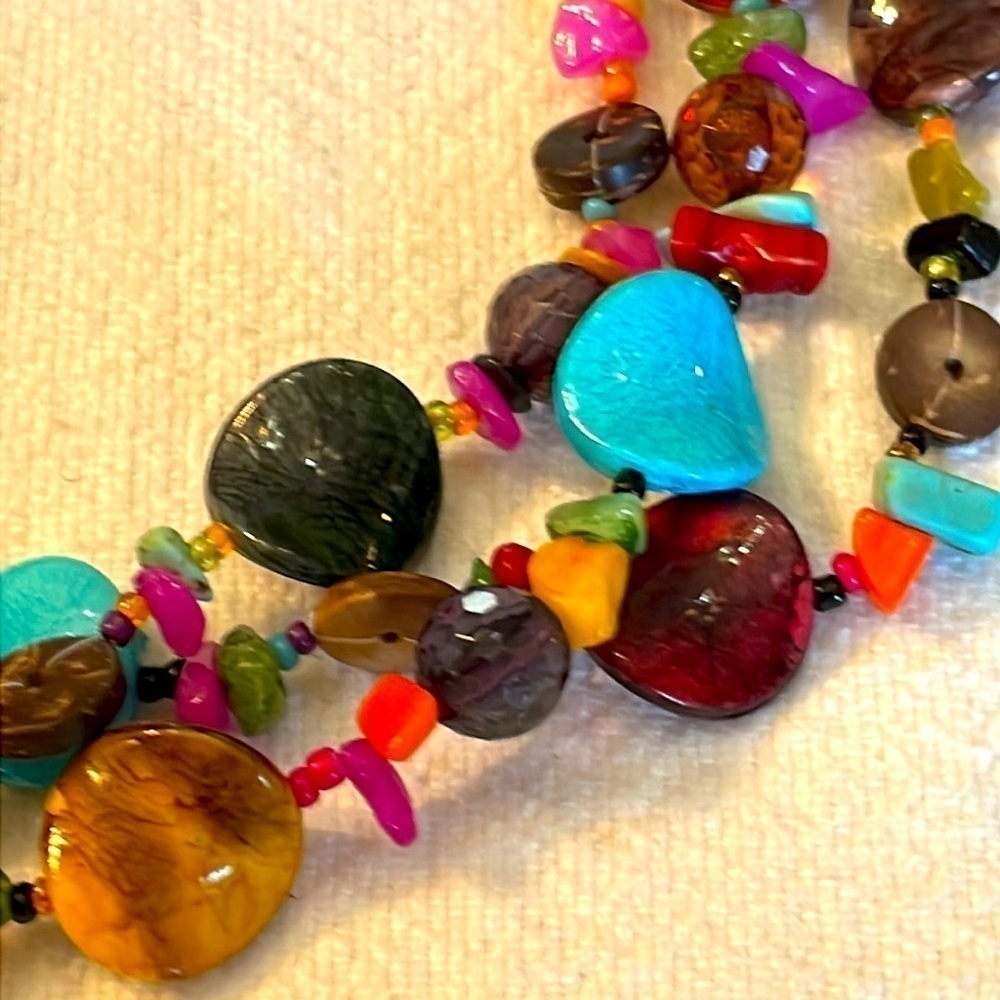 Colorful natural stones multi strand statement silver tone lobster clasp - Picture 2 of 5